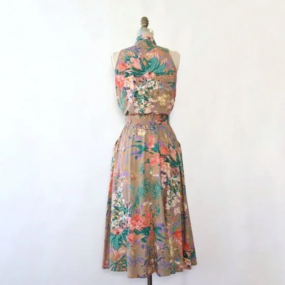 Vintage 1980s/1990s Tan Tropical Floral Belted Midi Dress Small/Medium - Picture 3 of 8
